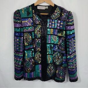 Vintage SILK Laurence Kazar Jacket Beaded‎ Sequin Purple Green Black 80's